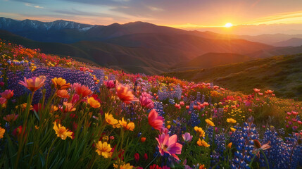 Wall Mural - Wildflowers carpeting a hillside with a dramatic sunset in the background