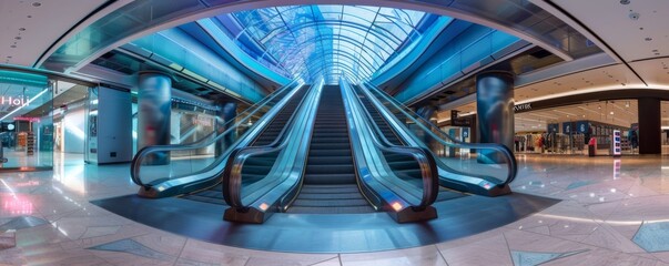 Modern luxury escalators with staircase, architecture concept banner. Generative AI.