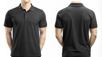 Black polo shirts with a simple design on the front and a plain back , fashion, apparel, clothing, style, casual, uniform