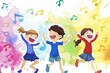 © Design Depot - Artistic image of two kids dancing with a watercolor splash and music notes background
