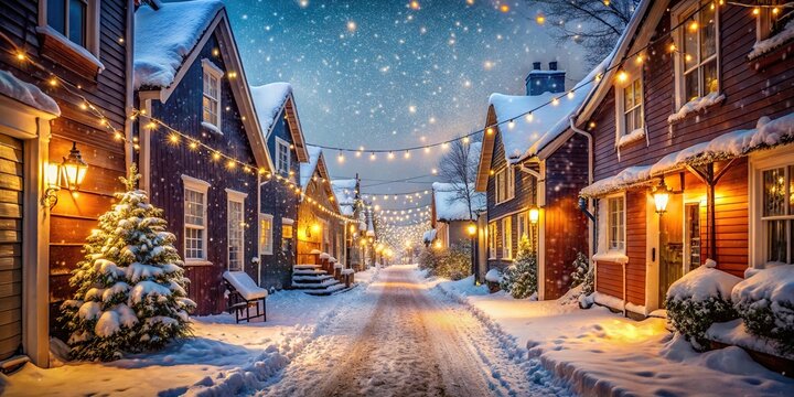 Cozy winter street with falling snow and festive lights in houses, snowy, small, cozy, street, lights, houses