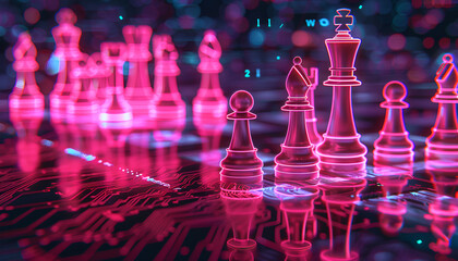 Wall Mural - chess pieces on board in neon lights. circuit board pattern and binary code symbolizing artificial i