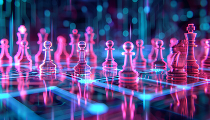 Sticker - Chess pieces on board in neon lights. Circuit board pattern and binary code symbolizing artificial intelligence