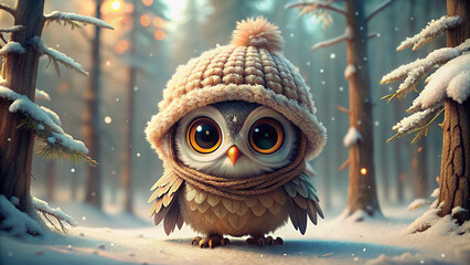 сute cartoon realistic character, cute little owiet, in a winter knitted hat, with big kind eyes with eyelashes, winter, light winter forest. On the right side of the photo