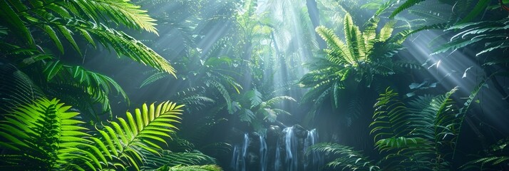 Wall Mural - deep tropical rainforest with green plants, moss, ferns.