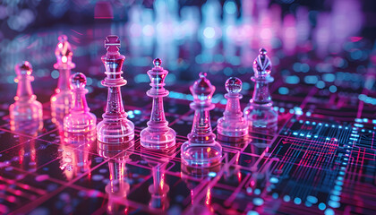 Chess pieces on board in neon lights. Circuit board pattern and binary code symbolizing artificial intelligence