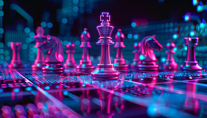 Wall Mural - chess pieces on board in neon lights. circuit board pattern and binary code symbolizing artificial i