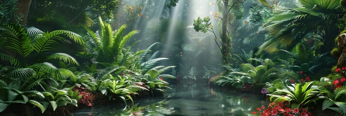 Wall Mural - beautiful colorful flowers in deep tropical rainforest with green plants, moss, ferns.