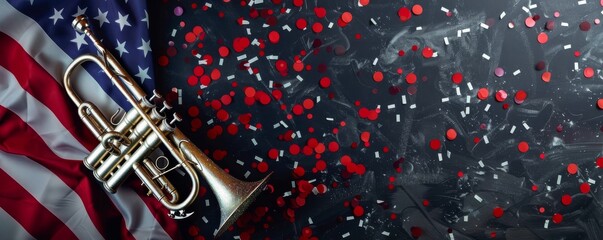 A trumpet on an American flag with confetti, creating a festive and patriotic celebration scene.