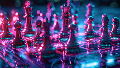 Wall Mural - chess pieces on board in neon lights. circuit board pattern and binary code symbolizing artificial i