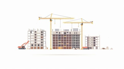 Poster - An underconstruction building accompanied by tower cranes against the sky is isolated on a white background representing an unfinished construction project