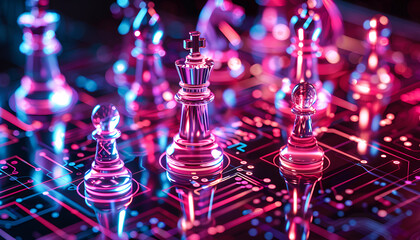 Wall Mural - chess pieces on board in neon lights. circuit board pattern and binary code symbolizing artificial i