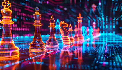 Wall Mural - chess pieces on board in neon lights. circuit board pattern and binary code symbolizing artificial i
