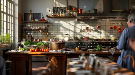 Rustic kitchen with sunlight and fresh vegetables. Home cooking in a cozy, well-lit space. Perfect for culinary inspiration and food blogging.