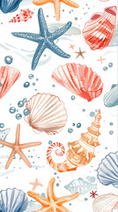 Wall Mural - Pattern with colorful starfish, seashells, coral and seaweed on white background