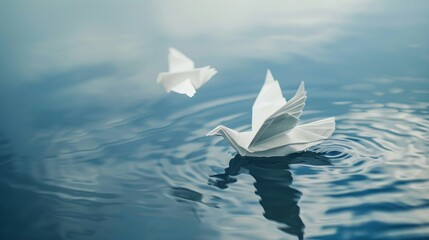 Conceptual photos depict the freedom of a white origami dove or pigeon flying from the water into the sky symbolizing peace human rights love and hope particularly relevant for