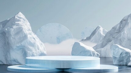 Ice podium background snow winter product platform cold mountain 3D. Podium ice display background cosmetic sky floor blue scene landscape frozen white cool stand pedestal minimal rock glacier nature.