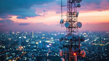 Wall Mural - Antenna communication technology is showcased against a city background highlighting a communication tower connected to data of a smart city for telecommunication and digital