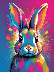 Wall Mural - ai generated illustration of a cartoon rabbit with splashes of paint on a gradient background