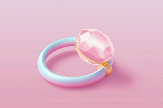 A 3D illustration of a stylized ring with a large pink gem on a pastel-colored band