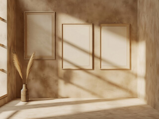 Wall Mural - Beige interior adorned with empty poster frames, illuminated by window light