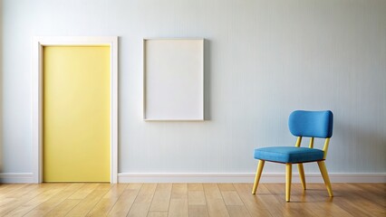 Wall Mural - Child's room with blue and yellow seat in front of blank painting , Child, room, blue, yellow, seat, furniture, blank, painting, wall