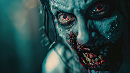 Wall Mural - Scary close-up of a horror zombie with red eyes and decayed teeth