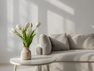 Wall Mural - Sunlit interior displaying gray sofa, tables, and commode