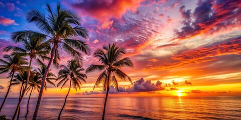 Canvas Print - Tropical sunset over ocean with palm trees and vibrant sky, sunset, tropical, ocean, palm trees, vibrant, sky, paradise, scenic