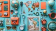 © Thanyaporn - A selection of travel souvenirs displayed on a solid color background The items include postcards keychains magnets and a small globe The background color is neutral allowing the travel souvenirs to