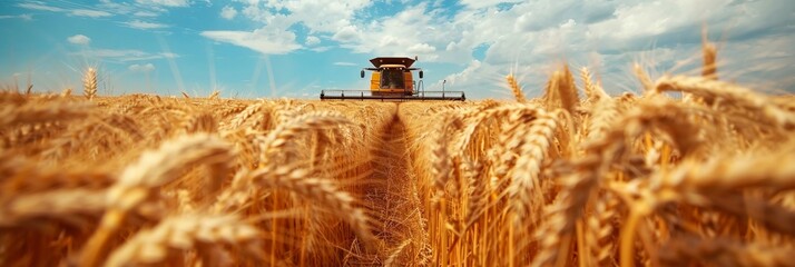 Combine harvester machine working in wheat field farm land.