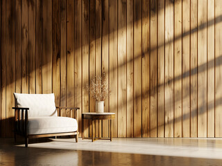 Wall Mural - Evening ambiance fills the room with an armchair and table against a wooden wall