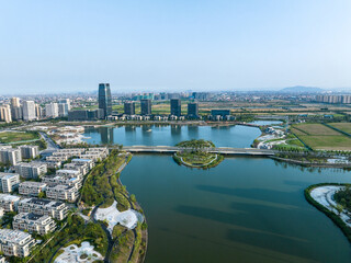 Poster - view of lake and moden city