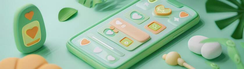 Colorful eco-friendly design app interface on green background with organic elements and heart icons, showcasing sustainability and love.