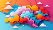 © Nataliia_Trushchenko - A colorful cloud filled with different colored shapes. The clouds are scattered throughout the sky and are of various sizes. The sky is blue and the clouds are of different colors, creating a vibrant