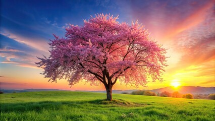 Wall Mural - Pink cherry tree blossom flowers blooming in a green grass meadow on a spring easter sunrise background, pink, cherry tree