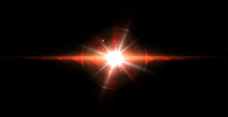 Wall Mural - Bright light effect with rays and glare shines with red light for vector illustration.	
