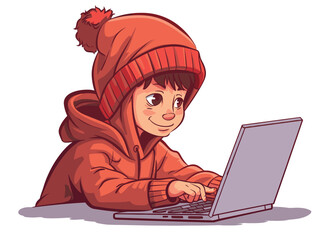 white background, The boy wearing a hoodie and beanie, coding on a laptop., very simple and isolate in the style of animated illustrations, white background