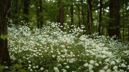 Wall Mural - Perennial baby s breath carpeted with small white flowers in the woods