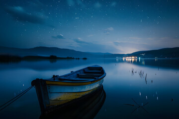 Wall Mural - boat in middle of lake at night