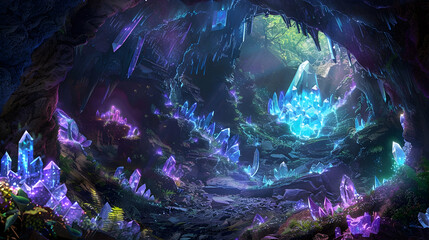 Wall Mural - A crystalline cave filled with glowing gemstones and inhabited by creatures of pure light