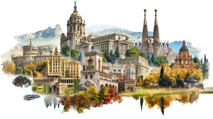 Travel Collage of famous places of the Spain. Element for Advertisement, postcard, poster