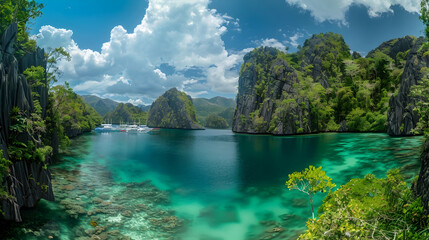 A hidden lagoon nestled amidst towering limestone cliffs and emerald-green jungles, beneath a sky adorned with billowing cumulus clouds