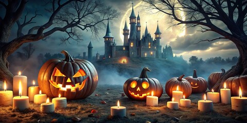 Wall Mural - Spooky Halloween background with illuminated pumpkins, candles, and a castle in the dark graveyard at night, Halloween