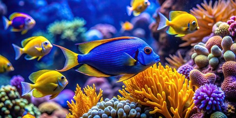 Colorful blue and yellow fish swimming among vibrant coral reef, marine life, underwater, ocean, aquatic, colorful, vibrant, coral