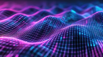 Wall Mural - Abstract Digital Grid Waves in Vibrant Blue and Pink Hues, 3D Render of Mesmerizing Sound Wave and Futuristic Landscape with Neon Digital Line Art. Gradient Background for Web Banner