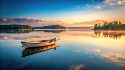 Wall Mural - Peaceful scene of a boat gently floating on a serene lake , peaceful, boat, serene, water, reflection, nature, tranquility