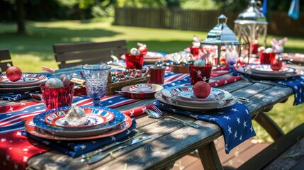 beautifully set outdoor table for a fourth of july picnic, with patriotic decorations