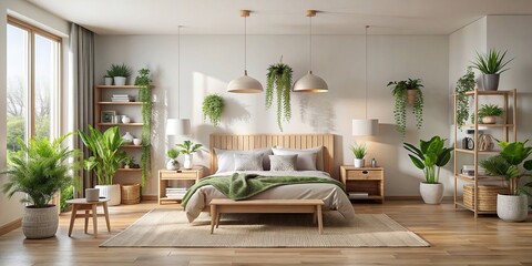 Wall Mural - Cozy and spacious bedroom in light muted colors with light wood furniture and live plants, cozy