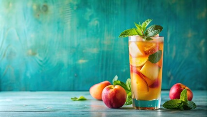 Wall Mural - Peach and mint cocktail served on a vibrant blue background, peach, mint, cocktail, drink, refreshing, summer, beverage
